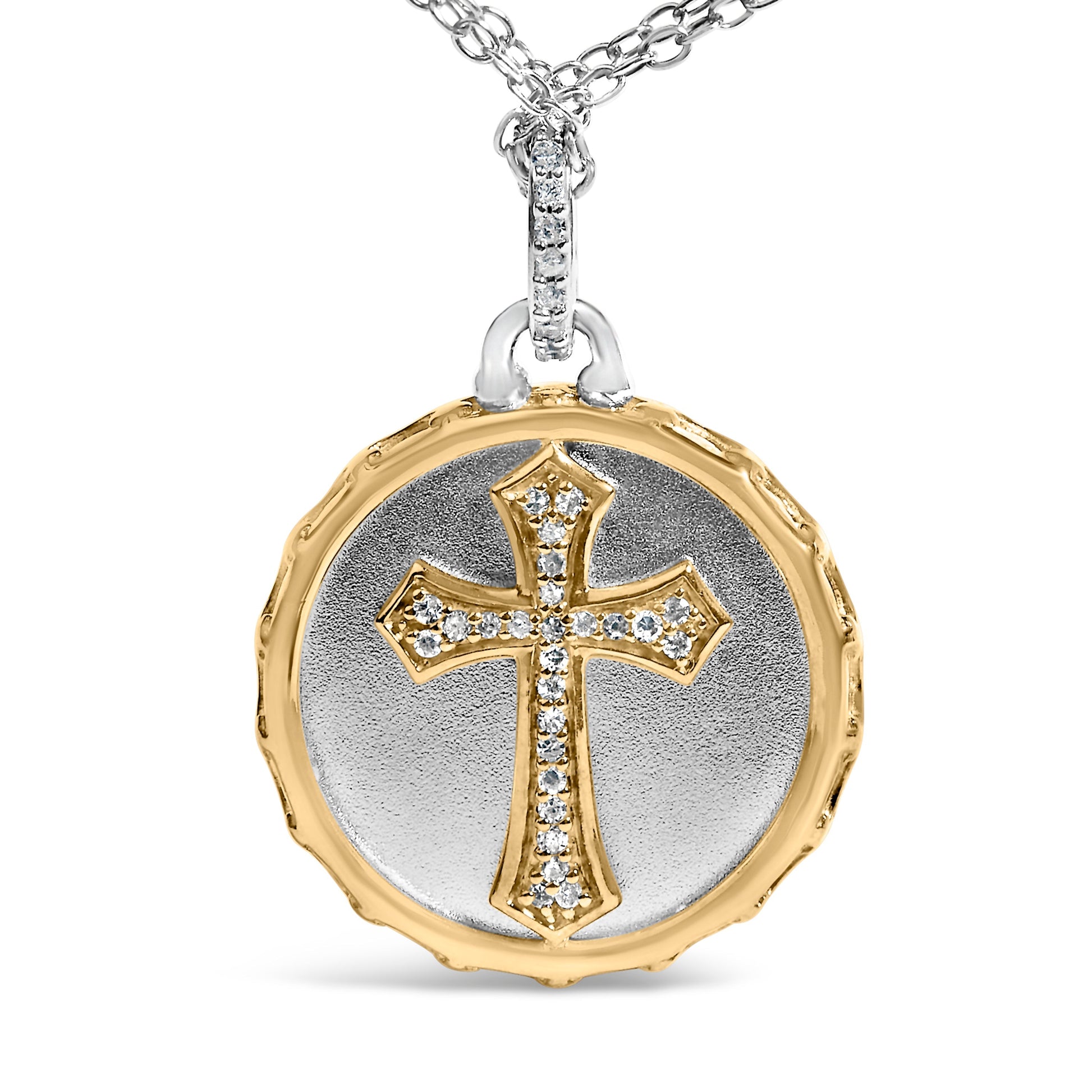 14K Yellow Gold Plated Sterling Silver 1/10 Cttw Diamond Cross Medallion Pendant Necklace Bids.com