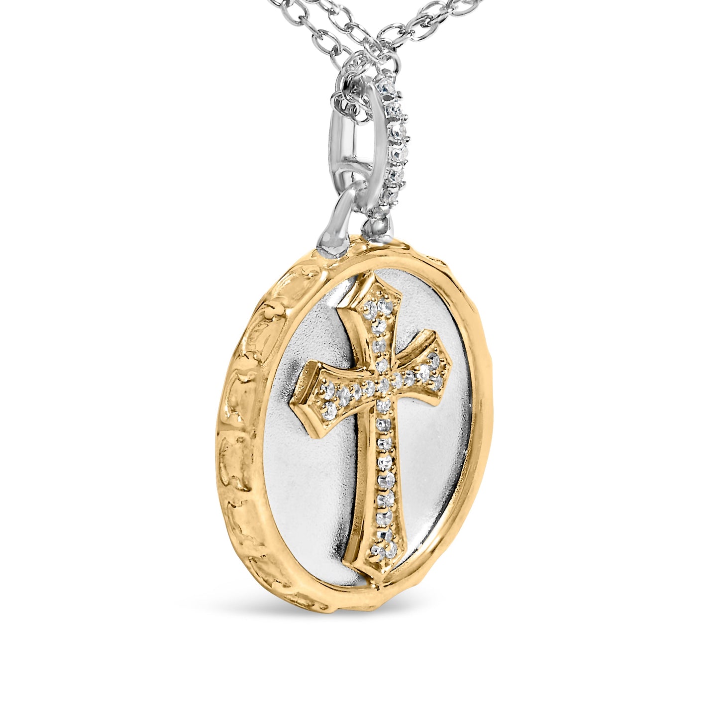 14K Yellow Gold Plated Sterling Silver 1/10 Cttw Diamond Cross Medallion Pendant Necklace Bids.com