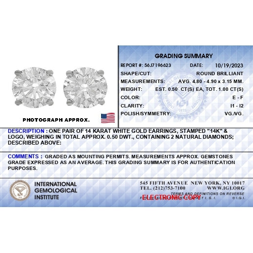 IGI Certified 14K White Gold 1.0 Cttw 4-Prong Set Brilliant Round-Cut Solitaire Diamond Push Back Stud Earrings (E-F Color, I1-I2 Clarity) Bids.com
