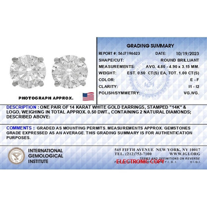 IGI Certified 14K White Gold 1.0 Cttw 4-Prong Set Brilliant Round-Cut Solitaire Diamond Push Back Stud Earrings (E-F Color, I1-I2 Clarity) Bids.com