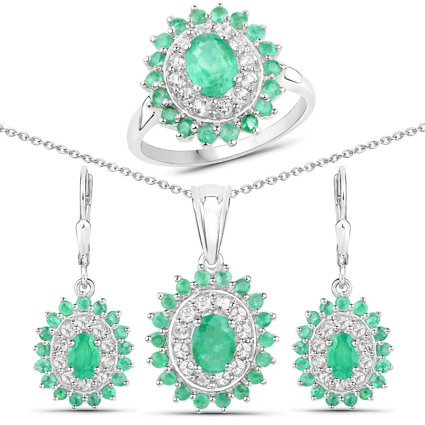 6.53 Carat Genuine Zambian Emerald and White Topaz .925 Sterling Silver 3 Piece Jewelry Set (Ring, Earrings, and Pendant w/ Chain) Bids.com