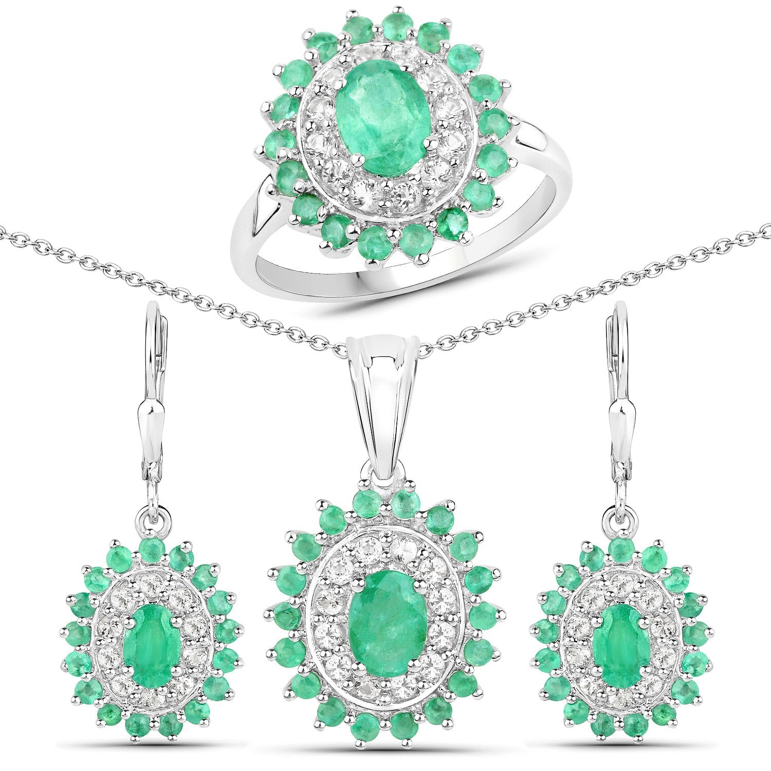 6.53 Carat Genuine Zambian Emerald and White Topaz .925 Sterling Silver 3 Piece Jewelry Set (Ring, Earrings, and Pendant w/ Chain) Bids.com