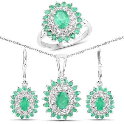 6.53 Carat Genuine Zambian Emerald and White Topaz .925 Sterling Silver 3 Piece Jewelry Set (Ring, Earrings, and Pendant w/ Chain) Bids.com