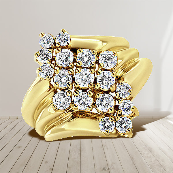 10K Yellow Gold 1 1/2 Cttw Diamond Cluster Tapered Shank Cocktail Ring Cocktail Ring (I-J Color, I1-I2 Clarity) - Ring Size 7 Bids.com