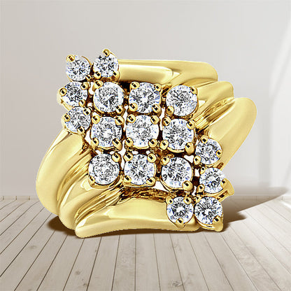 10K Yellow Gold 1 1/2 Cttw Diamond Cluster Tapered Shank Cocktail Ring Cocktail Ring (I-J Color, I1-I2 Clarity) - Ring Size 7 Bids.com