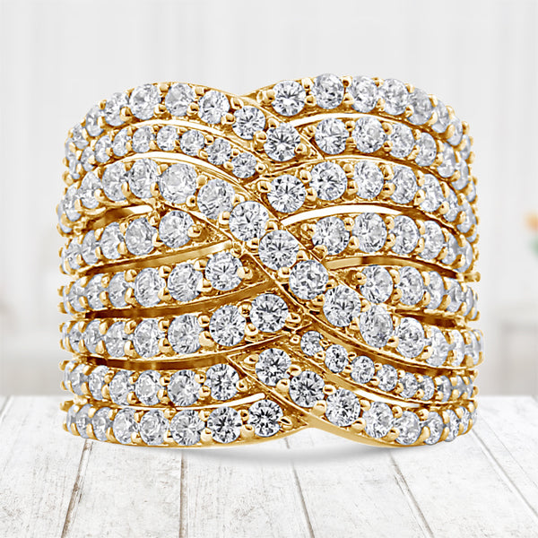 10K Yellow Gold 3.0 Cttw Diamond Eight-Row Bypass Crossover Statement Band Ring (H-I Color, I2-I3 Clarity) - Size 7 Bids.com