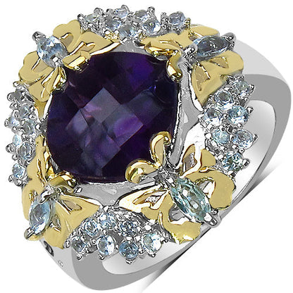 3.91 Carat Genuine Amethyst, Blue Topaz & White Diamond .925 Sterling Silver Ring Bids.com