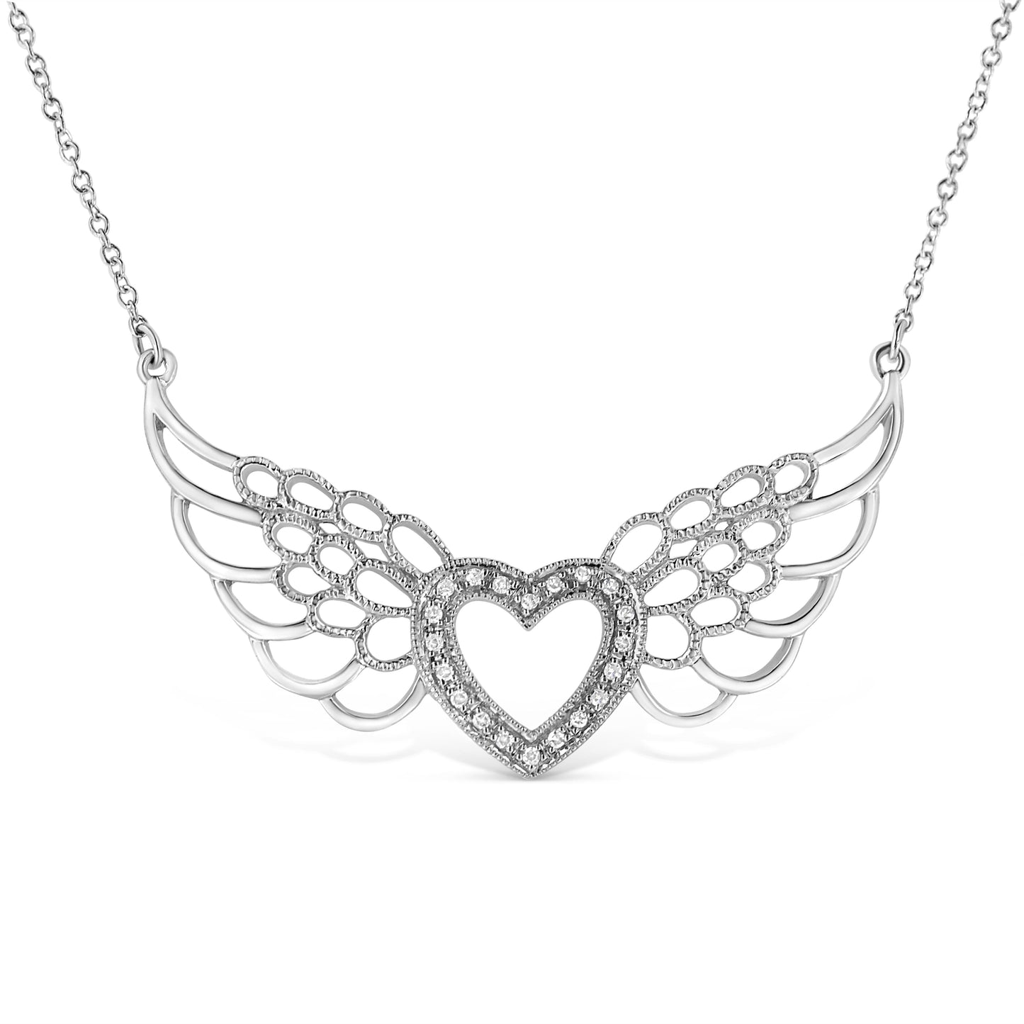 .925 Sterling Silver Pave-Set Diamond Accent Fairy Wing 18" Heart Pendant Necklace (I-J Color, I1-I2 Clarity) Bids.com