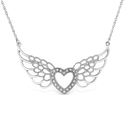 .925 Sterling Silver Pave-Set Diamond Accent Fairy Wing 18" Heart Pendant Necklace (I-J Color, I1-I2 Clarity) Bids.com