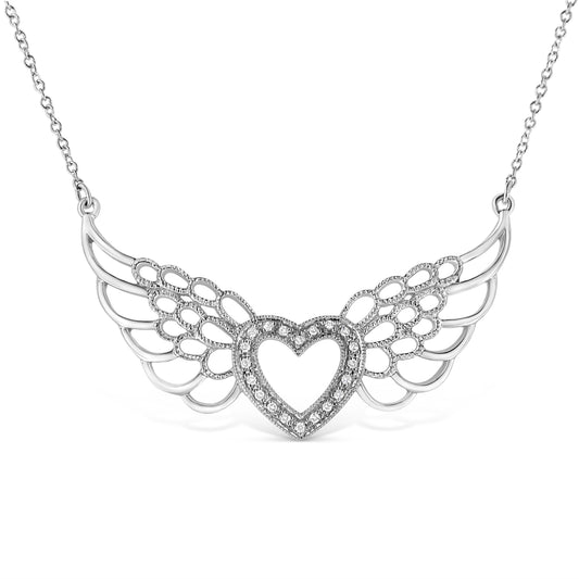.925 Sterling Silver Pave-Set Diamond Accent Fairy Wing 18" Heart Pendant Necklace (I-J Color, I1-I2 Clarity) Bids.com