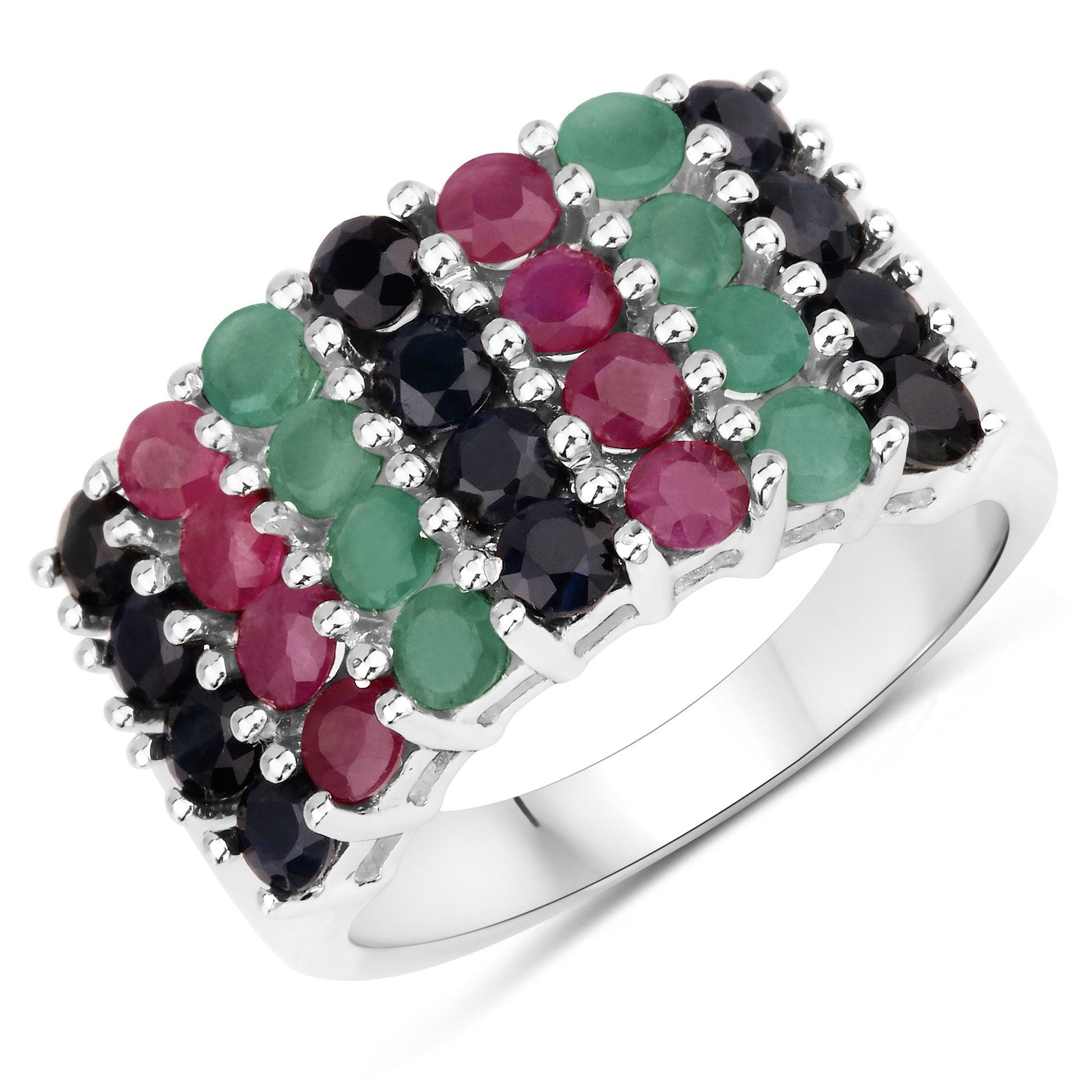 "3.40 Carat Genuine Emerald, Ruby and Black Sapphire .925 Sterling Silver Ring Bids.com