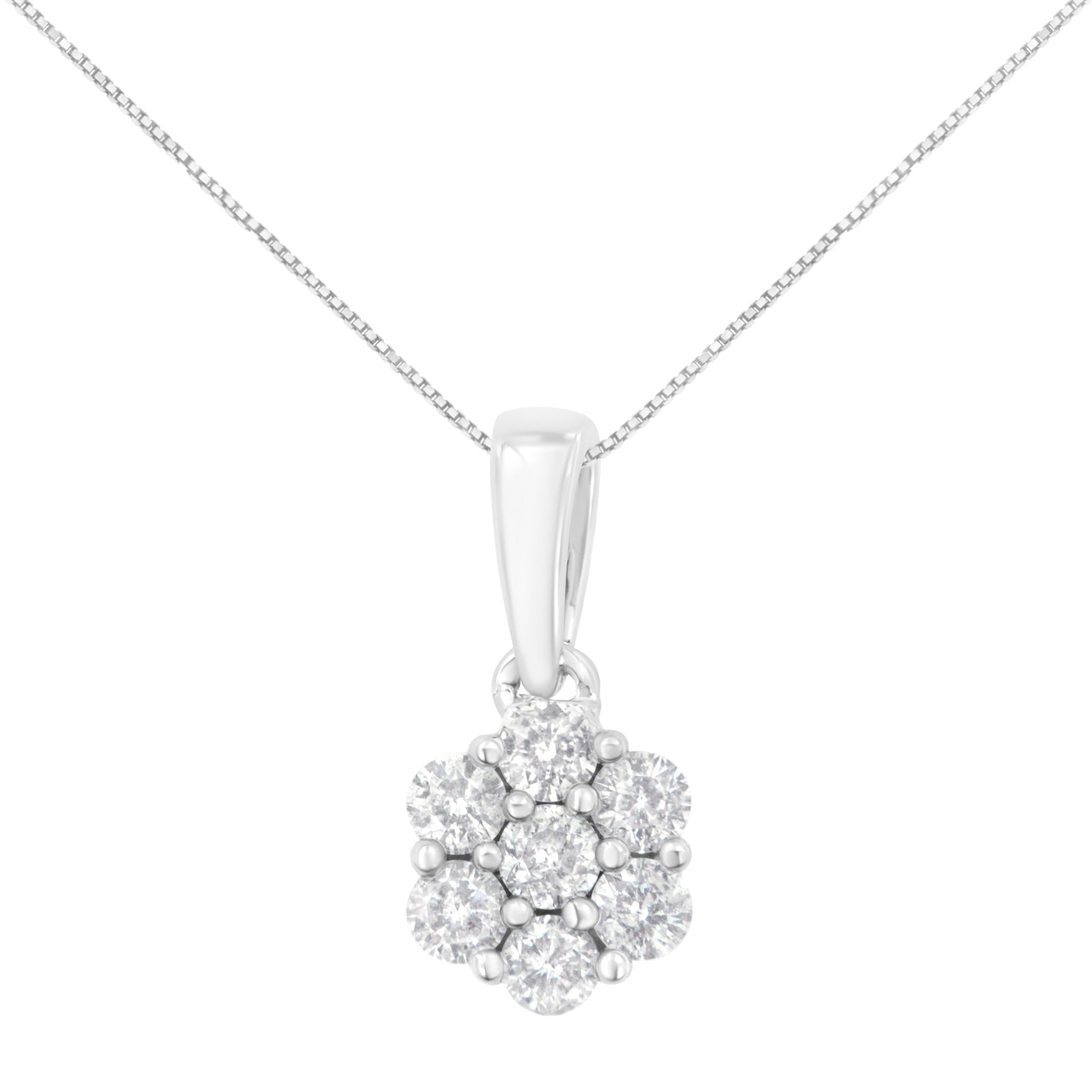 14K White Gold 1/2 cttw Prong Set Round-Cut Diamond 7 Stone Floral Cluster 18" Pendant Necklace (H-I Color, I1-I2 Clarity) Bids.com