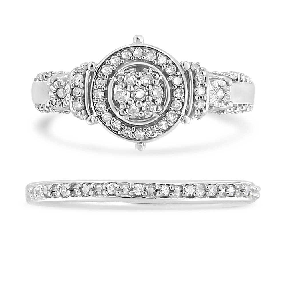 .925 Sterling Silver 1/3 Cttw Diamond 7 Stone Cluster and Halo Engagement Ring and Wedding Band Set (I-J Color, I1-I2 Clarity) - Size 7 Bids.com