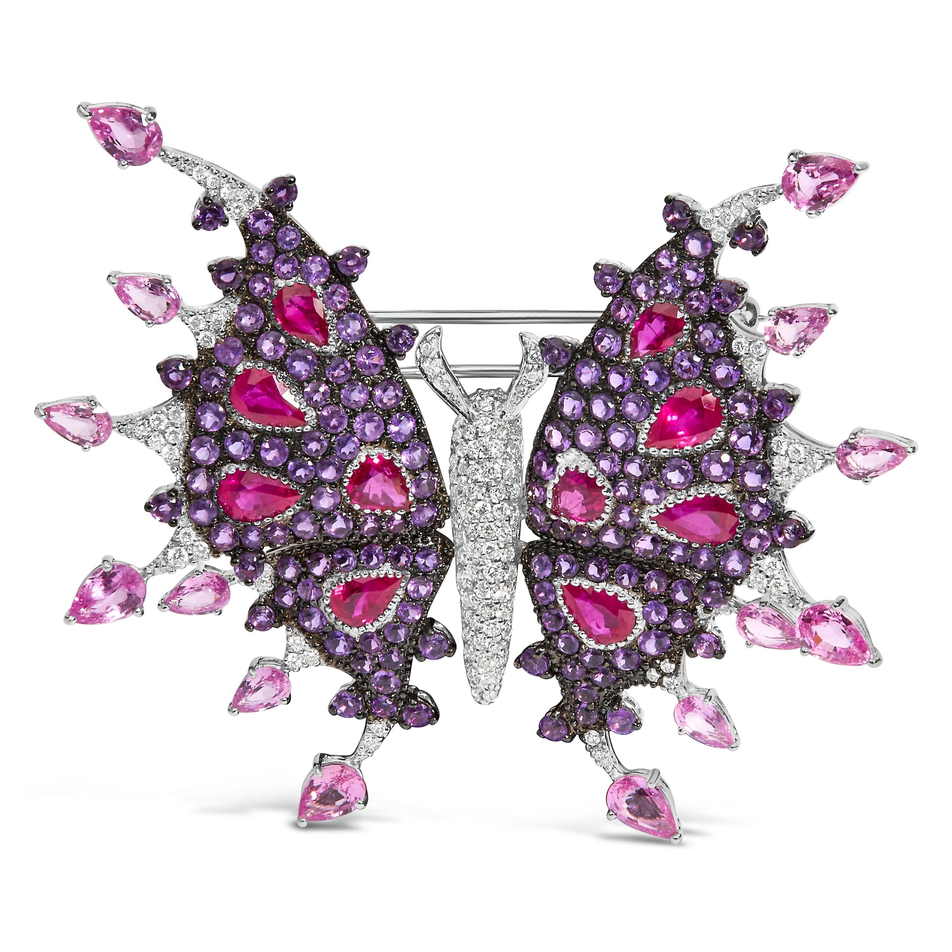 18K White Gold 1.00 Cttw Diamond, Ruby  Sapphire, and Amethyst Mixed Gemstone Butterfly Brooch Pin (G-H Color, VS1-VS2 Clarity) Bids.com