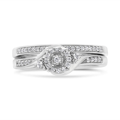 .925 Sterling Silver 1/4 Cttw Diamond Halo and Swirl Engagement Ring and Wedding Band Set (I-J Color, I3 Clarity)- Ring Size 7 Bids.com