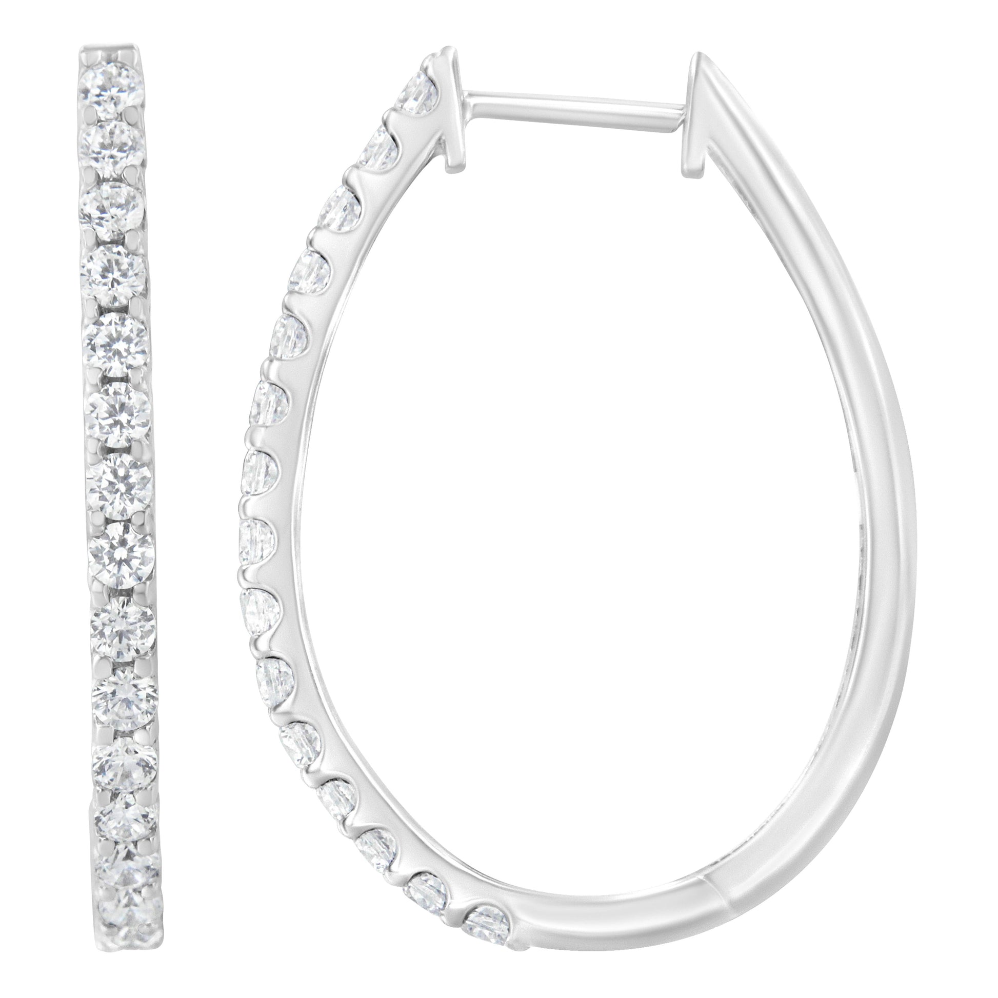 14K White Gold 2.0 Cttw Round Brilliant Cut Diamond Oblong Hinged Leverback Hoop Earrings (I-J Color, I1-I2 Clarity) Bids.com