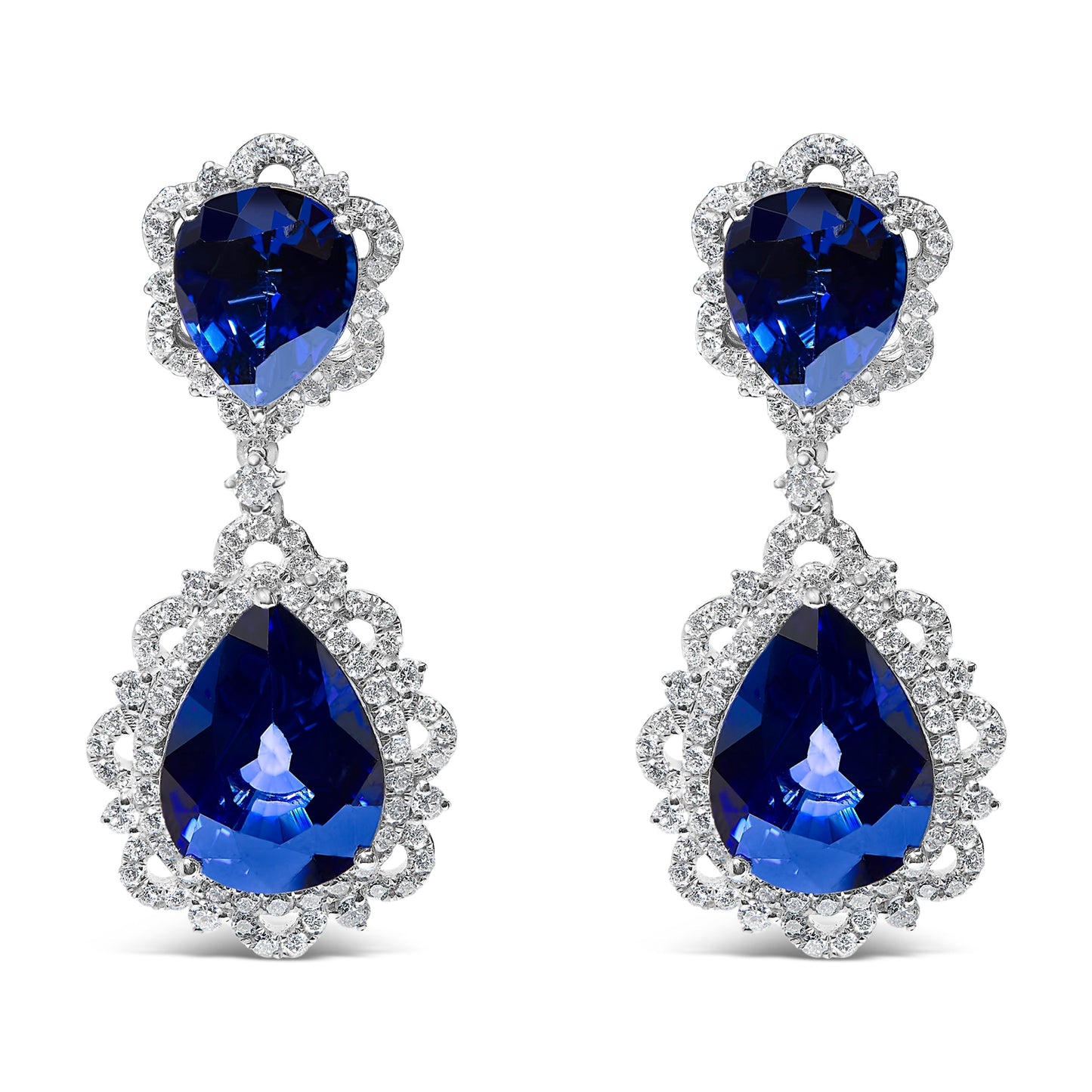 18K White Gold Blue Sapphire and Diamond 2.00 Cttw Diamond Halo Drop and Dangle Earring (G-H Color, SI1-SI2 Clarity) Bids.com