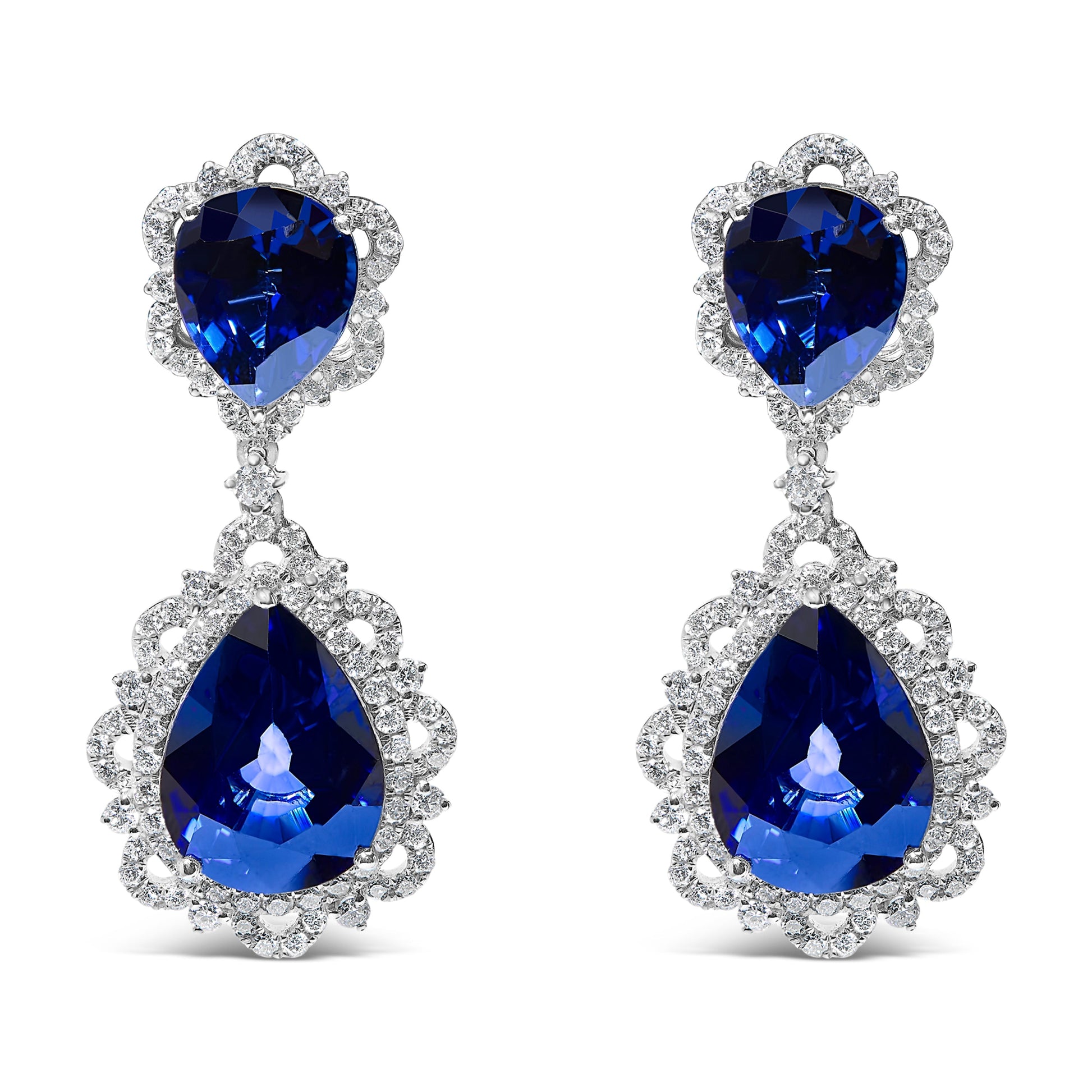 18K White Gold Blue Sapphire and Diamond 2.00 Cttw Diamond Halo Drop and Dangle Earring (G-H Color, SI1-SI2 Clarity) Bids.com