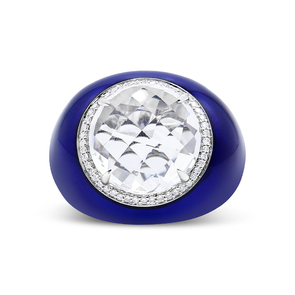 18K White Gold 14mm White Quartz and 1/5 Cttw Diamond Halo with Blue Enamel Dome Ring (F-G Color, VS1-VS2 Clarity) - Ring Size 7 Bids.com