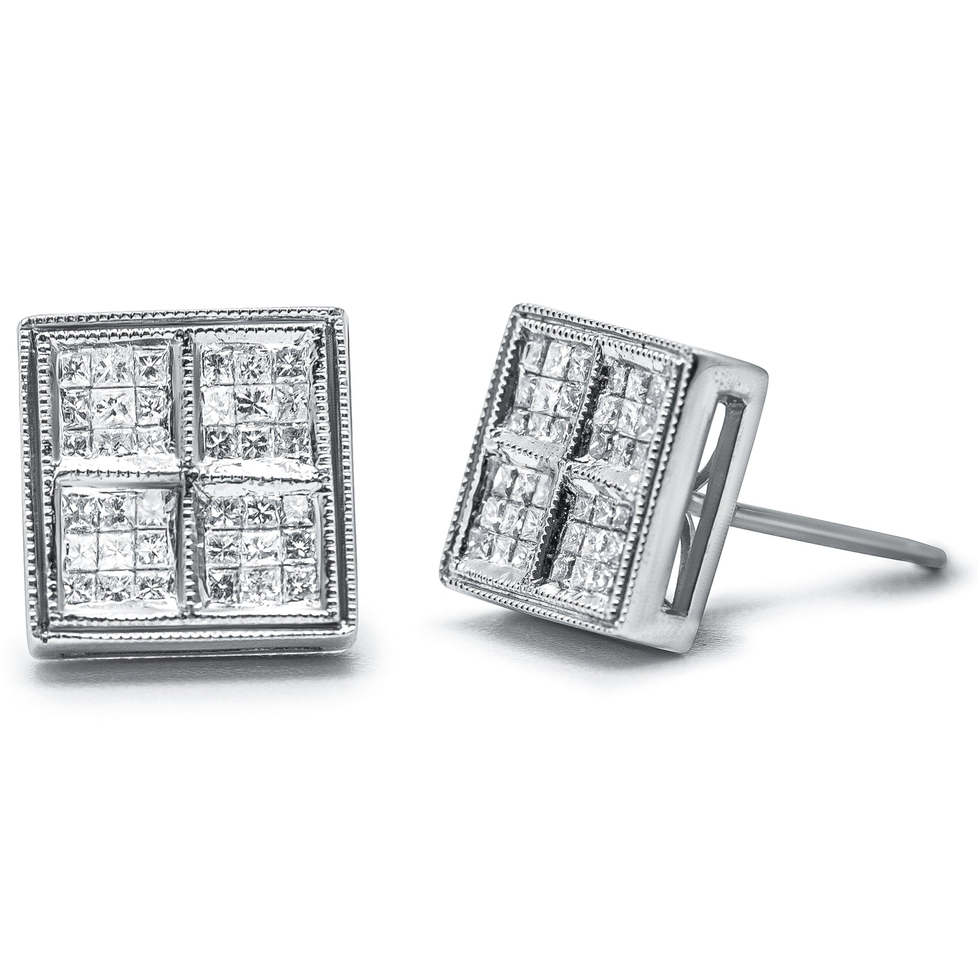 14K White Gold 1/2 Cttw Princess Diamond Composite Box Shape Milgrain Stud Earrings (H-I Color, SI1-SI2 Clarity) Bids.com