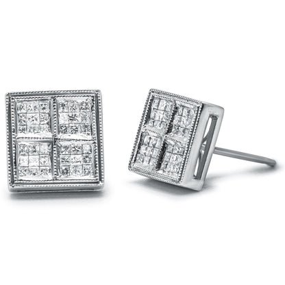 14K White Gold 1/2 Cttw Princess Diamond Composite Box Shape Milgrain Stud Earrings (H-I Color, SI1-SI2 Clarity) Bids.com