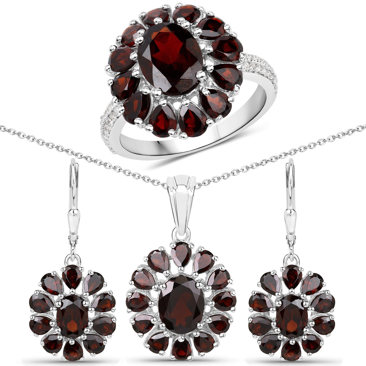 13.82 Carat Genuine Garnet and White Topaz .925 Sterling Silver 3 Piece Jewelry Set (Ring, Earrings, and Pendant w/ Chain) Bids.com