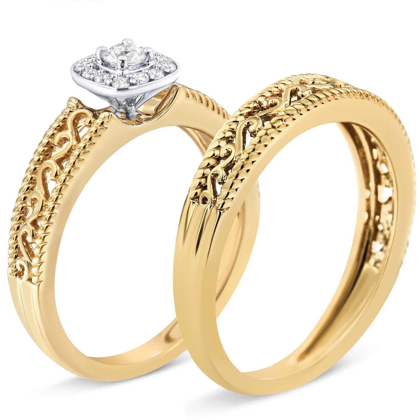 14K Yellow Gold Plated .925 Sterling Silver 1/5 Cttw Diamond Halo and Milgrain Finish Engagement Ring Bridal Set (I-J Color I3 Clarity) - Size 7 Bids.com