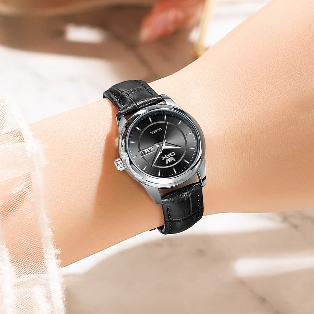 Women's Leather Strap Quartz Watch Silver Case Dual Day BandsCo Straps