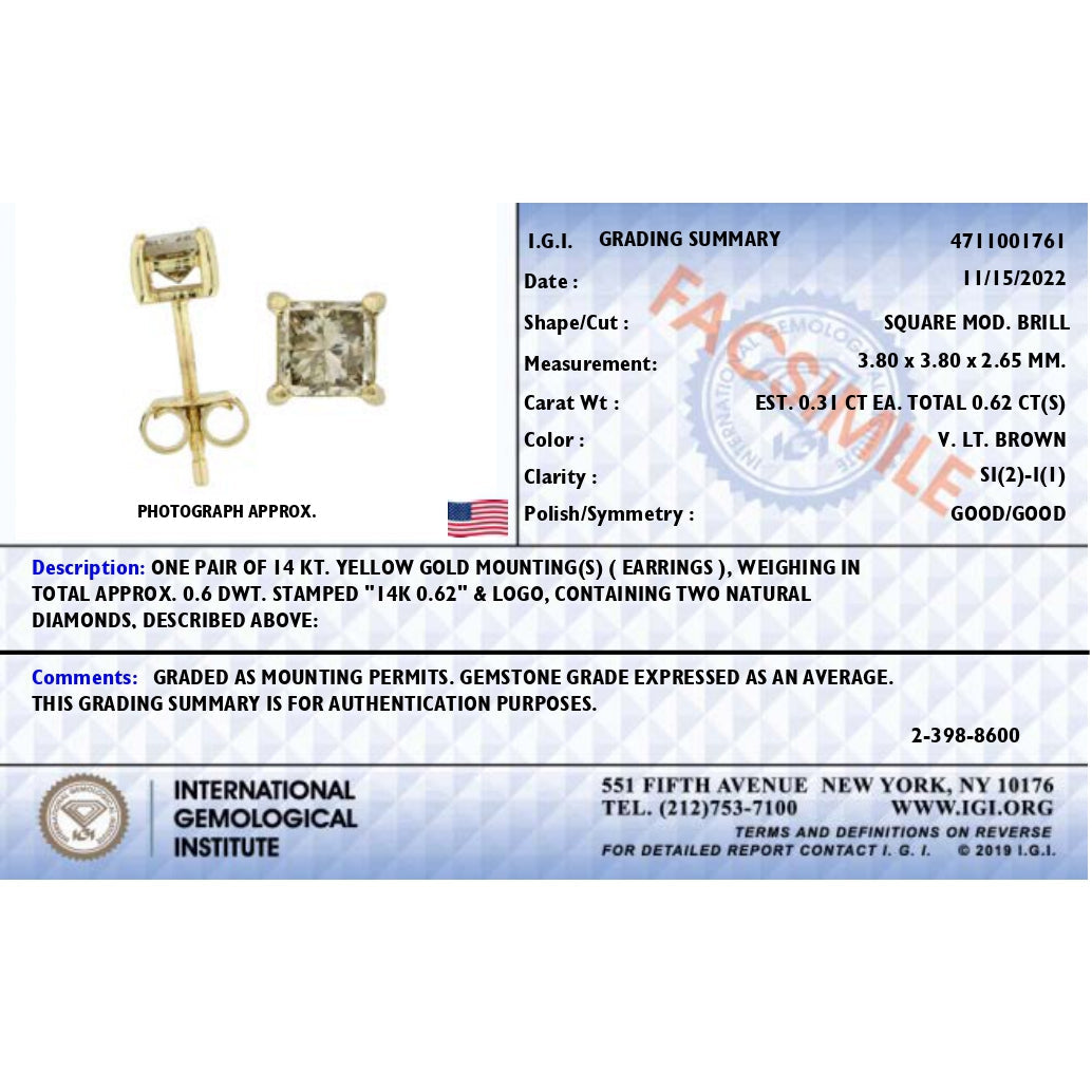14K Yellow Gold 5/8 Cttw Princess Natural Brown Color Diamond 4-Prong Stud Earrings (Brown Color, SI2-I1 Clarity) Bids.com