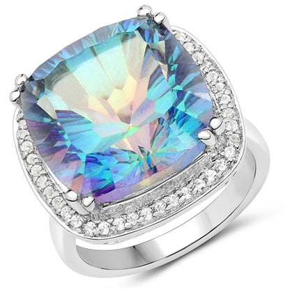 13.33 Carat Genuine Blue Rainbow Quartz and White Topaz .925 Sterling Silver Ring Bids.com