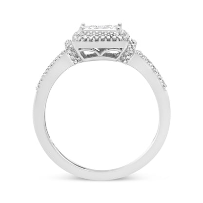 .925 Sterling Silver 1/4 Cttw Princess-cut Diamond Composite Ring with Beaded Halo (H-I Color, SI1-SI2 Clarity) - Size 7 Bids.com