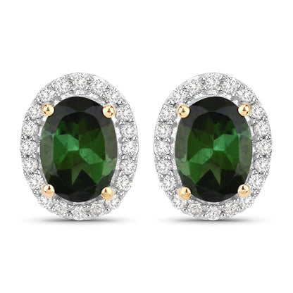 1.92 Carat Genuine Green Tourmaline and White Diamond 14K Yellow Gold Earrings Bids.com