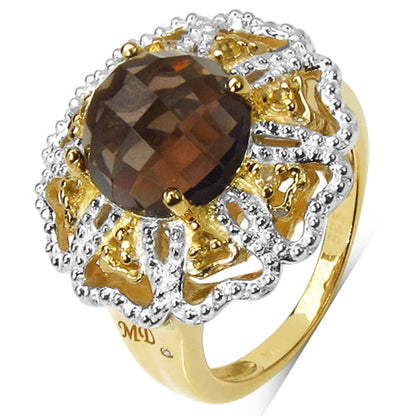 14K Yellow Gold Plated 3.23 Carat Genuine Smoky Quartz, Citrine & White Diamond .925 Sterling Silver Ring Bids.com