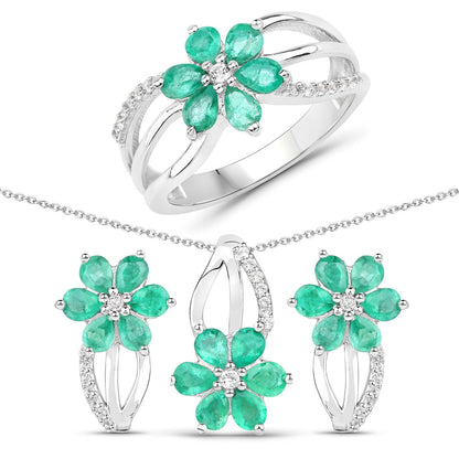 3.61 Carat Genuine Emerald and White Topaz .925 Sterling Silver Set (Ring, Earrings, and Pendant ) Bids.com