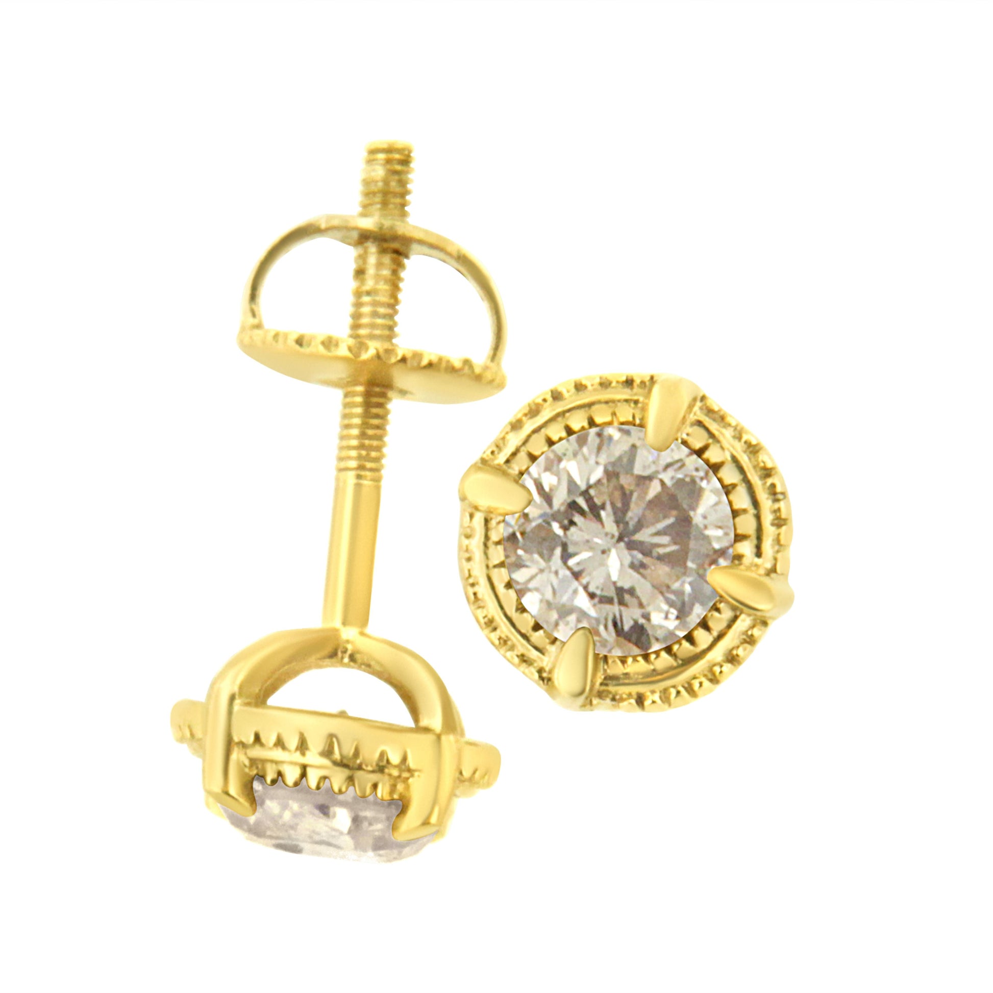14K Yellow Gold Plated .925 Sterling Silver 1.0 Cttw Round Brilliant Cut Diamond Solitaire Milgrain Stud Earrings (K-L Color, I2-I3 Clarity) Bids.com
