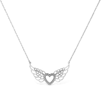 .925 Sterling Silver Pave-Set Diamond Accent Fairy Wing 18" Heart Pendant Necklace (I-J Color, I1-I2 Clarity) Bids.com
