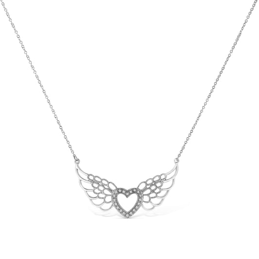 .925 Sterling Silver Pave-Set Diamond Accent Fairy Wing 18" Heart Pendant Necklace (I-J Color, I1-I2 Clarity) Bids.com