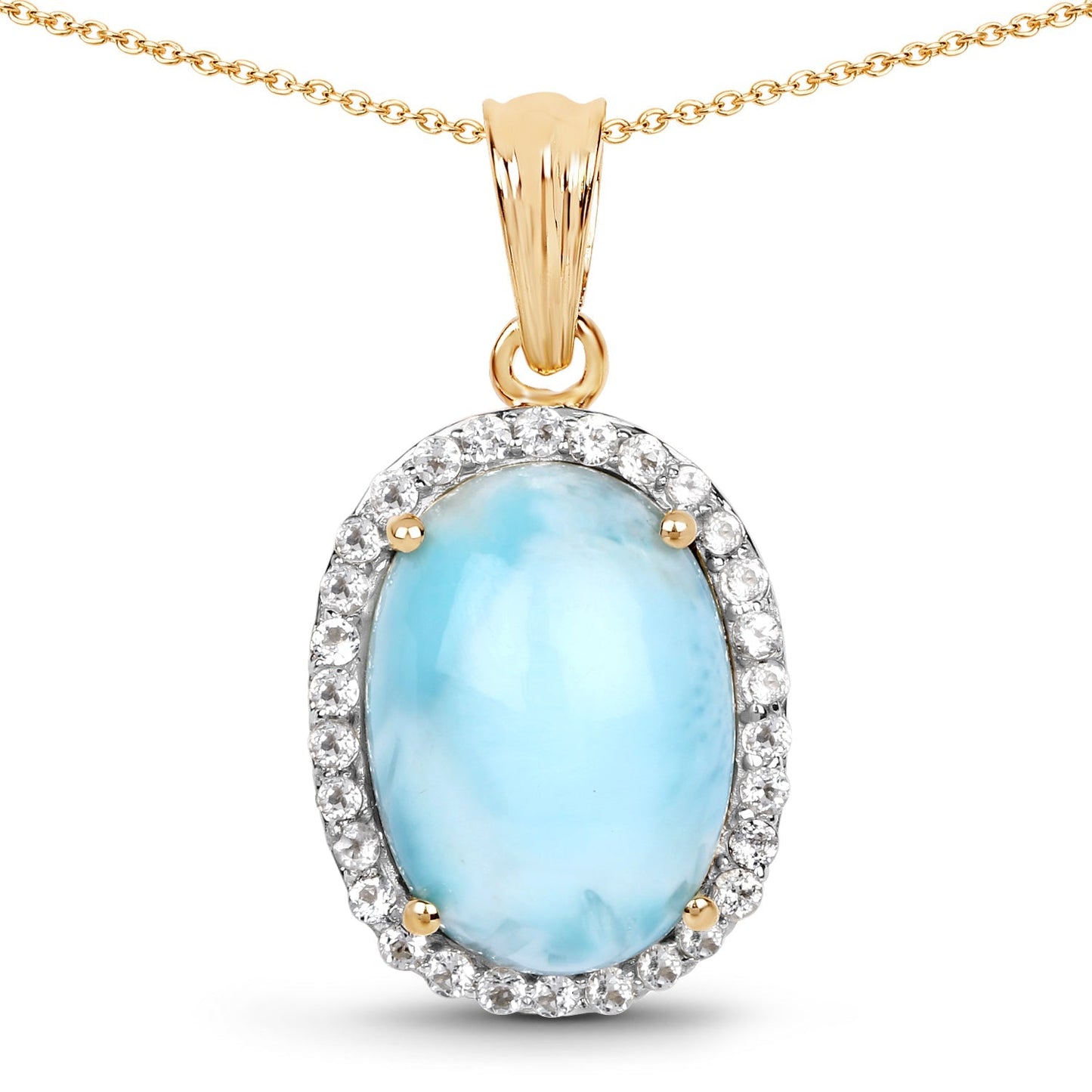 14K Yellow Gold Plated 13.55 Carat Genuine Larimar and White Topaz .925 Sterling Silver Pendant Bids.com