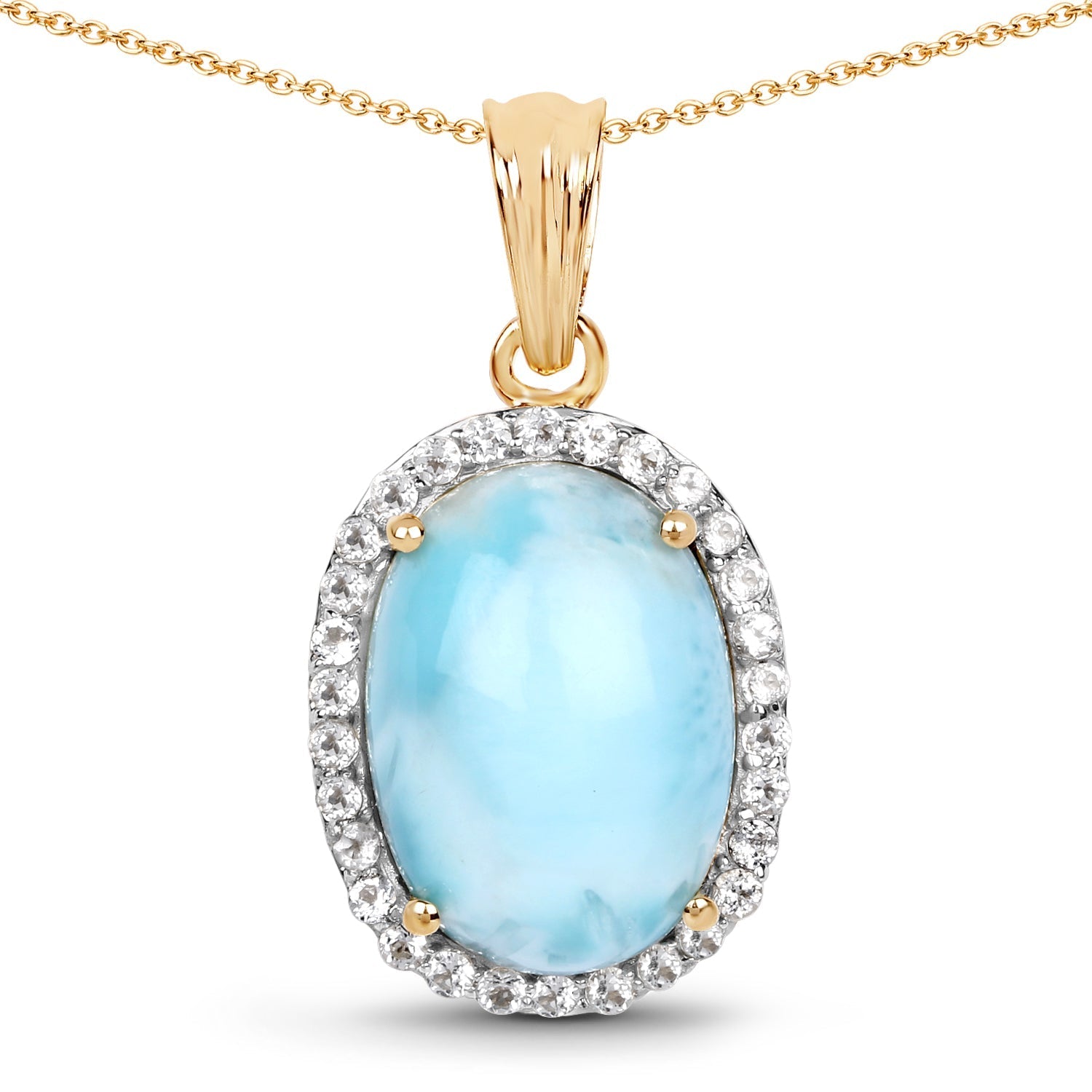 14K Yellow Gold Plated 13.55 Carat Genuine Larimar and White Topaz .925 Sterling Silver Pendant Bids.com