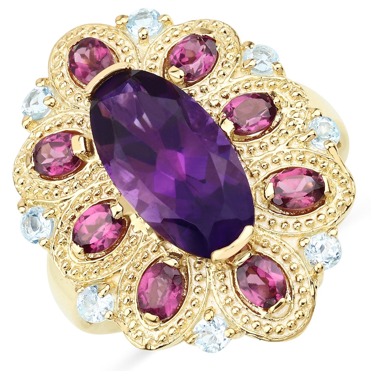 6.80 Carat Genuine Amethyst, Rhodolite and Blue Topaz .925 Sterling Silver Ring Bids.com