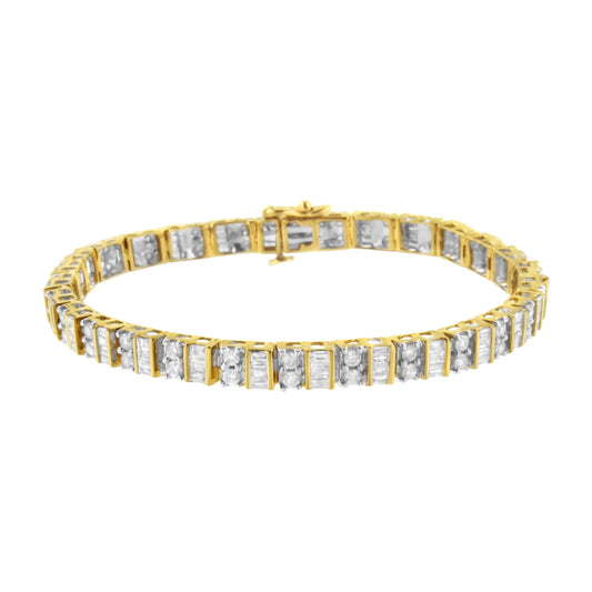 10K Yellow Gold 4.0 Cttw Alternating Baguette & Round Cut Diamond Bezel- & Prong-Set 7" Tennis Bracelet (G-H Color, SI1-SI2 Clarity) Bids.com