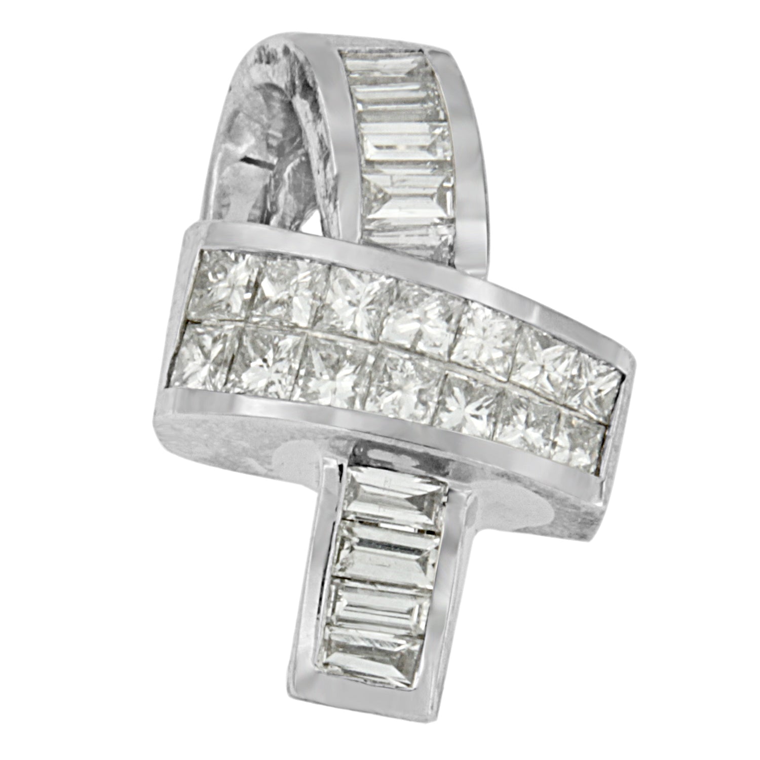 14K White Gold 2 cttw Princess and Baguette Cut Diamond Ribbon Pendant Necklace (H-I, SI-SI2) Bids.com