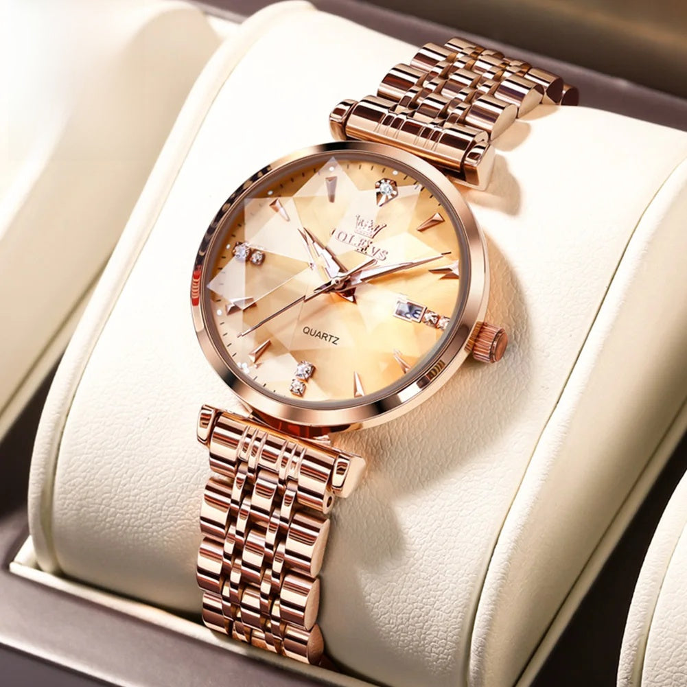 Women's Rose Gold Stainless Steel Watch Blue Dial Zircon BandsCo Straps