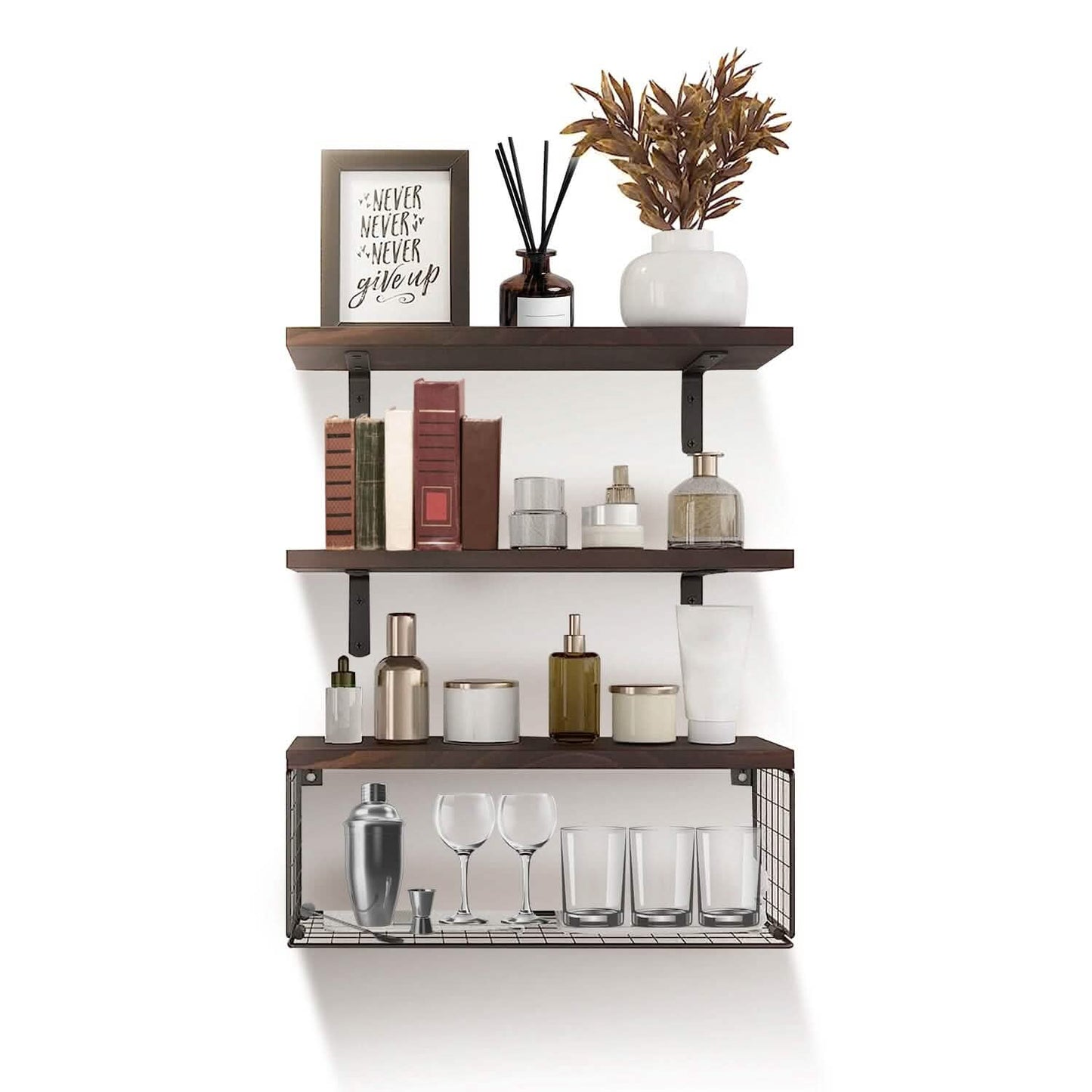 2-in-1 Floating Shelves Wall Mounted with Storage Basket DailySale