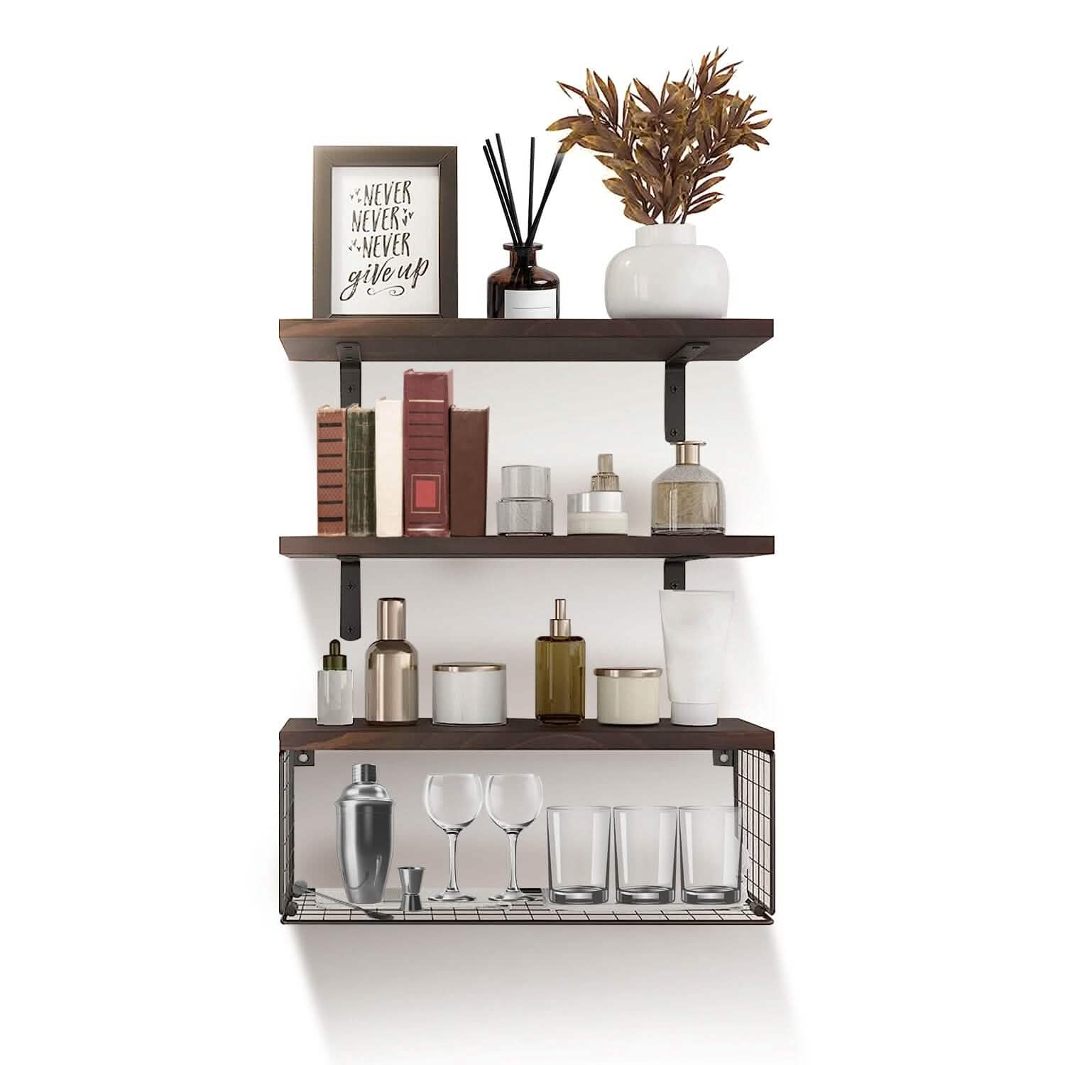 2-in-1 Floating Shelves Wall Mounted with Storage Basket DailySale
