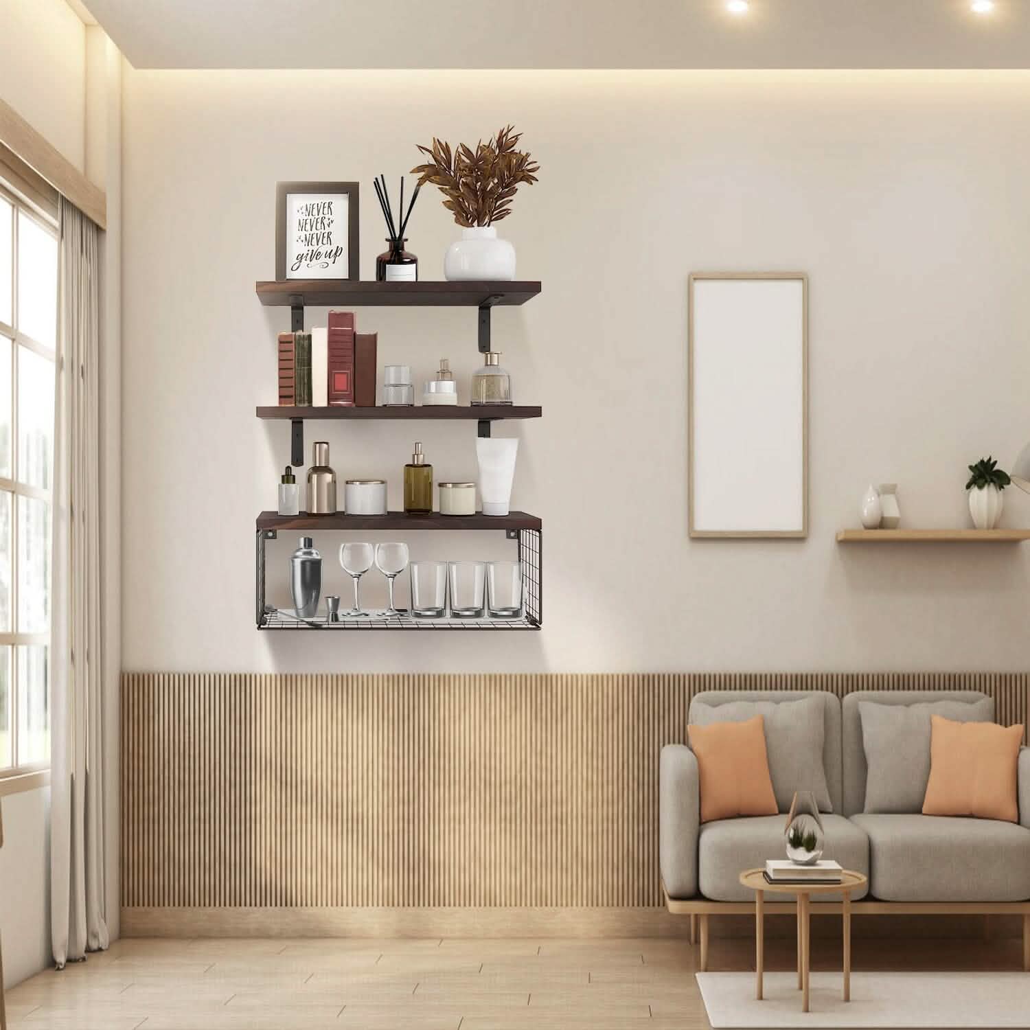 2-in-1 Floating Shelves Wall Mounted with Storage Basket DailySale