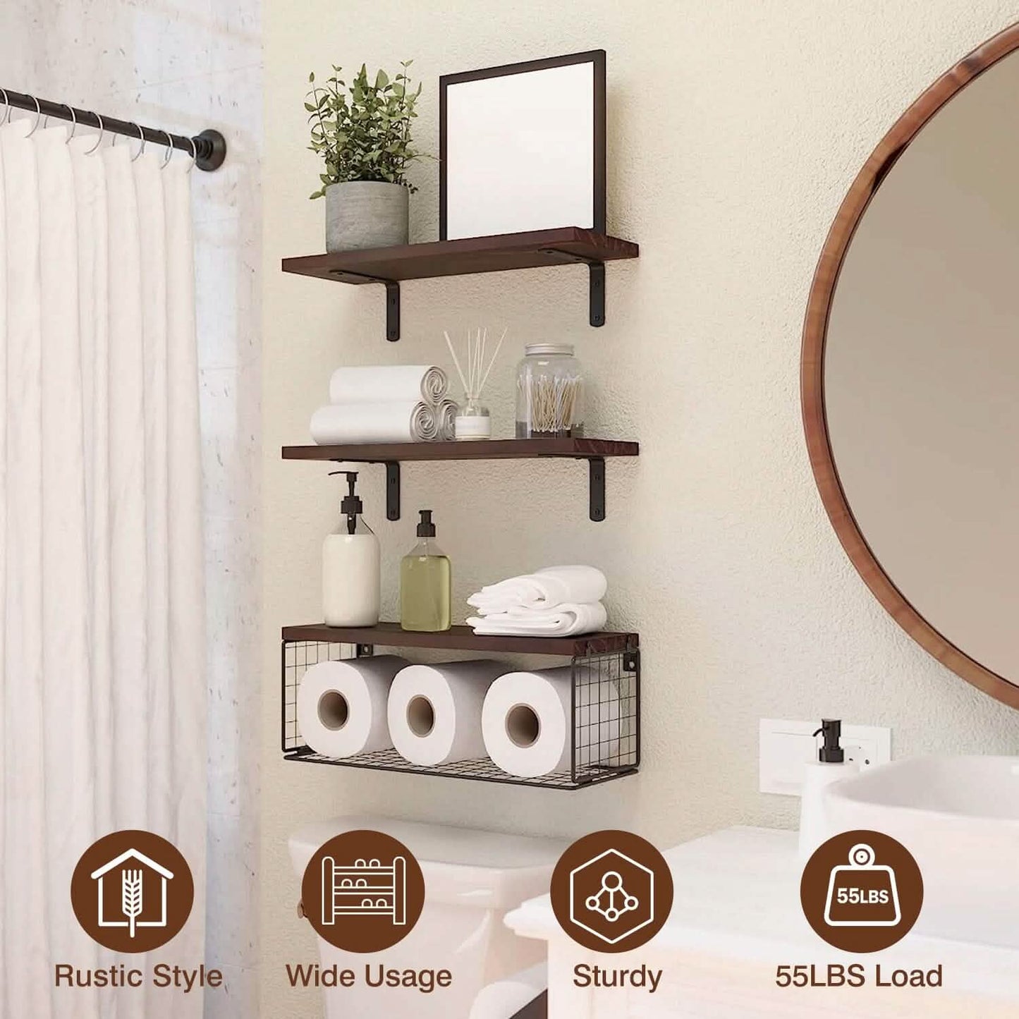 2-in-1 Floating Shelves Wall Mounted with Storage Basket DailySale