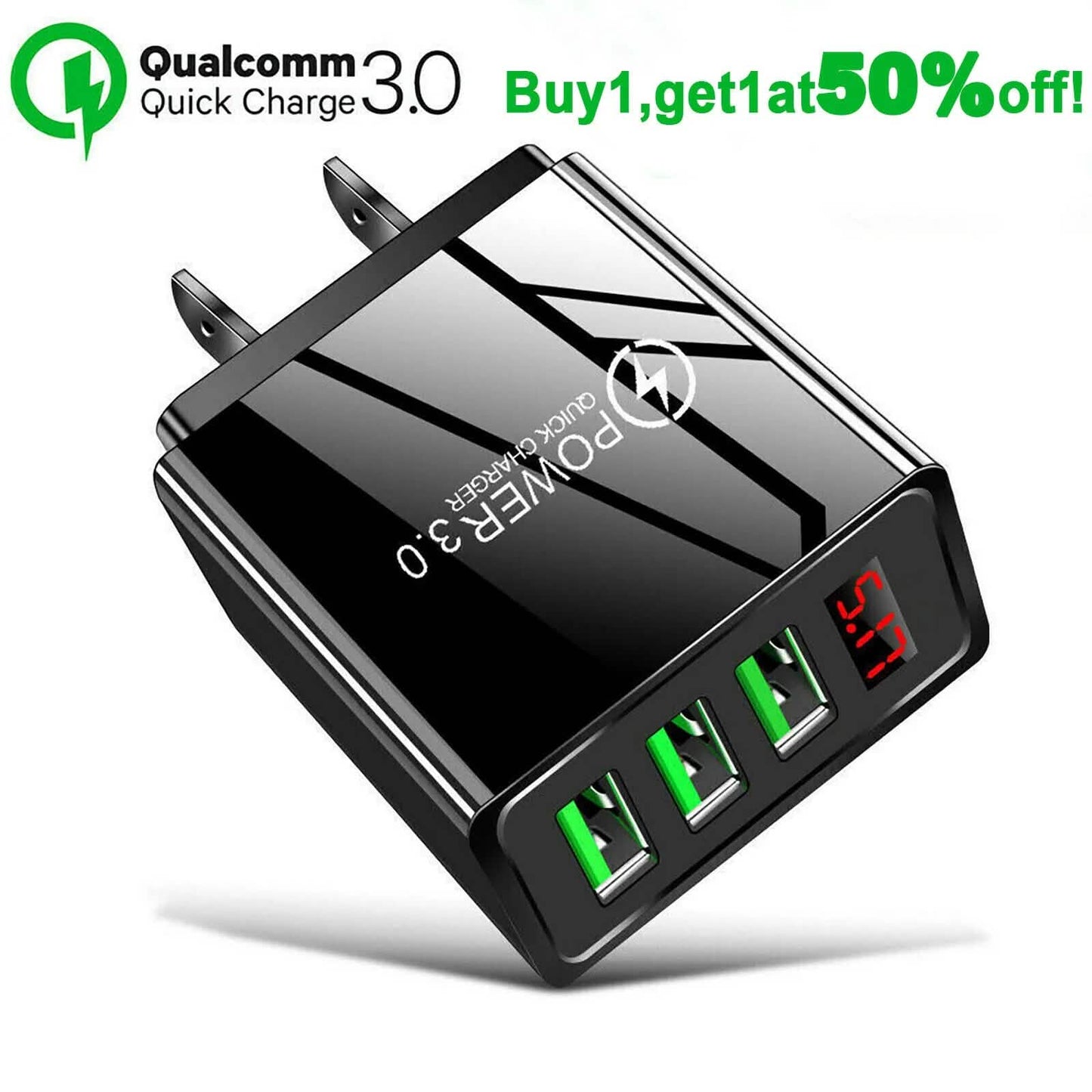 2-Pack: 3 Port LED Fast Quick Charge QC 3.0 USB Hub Display Wall Charger Adapter US Plug DailySale