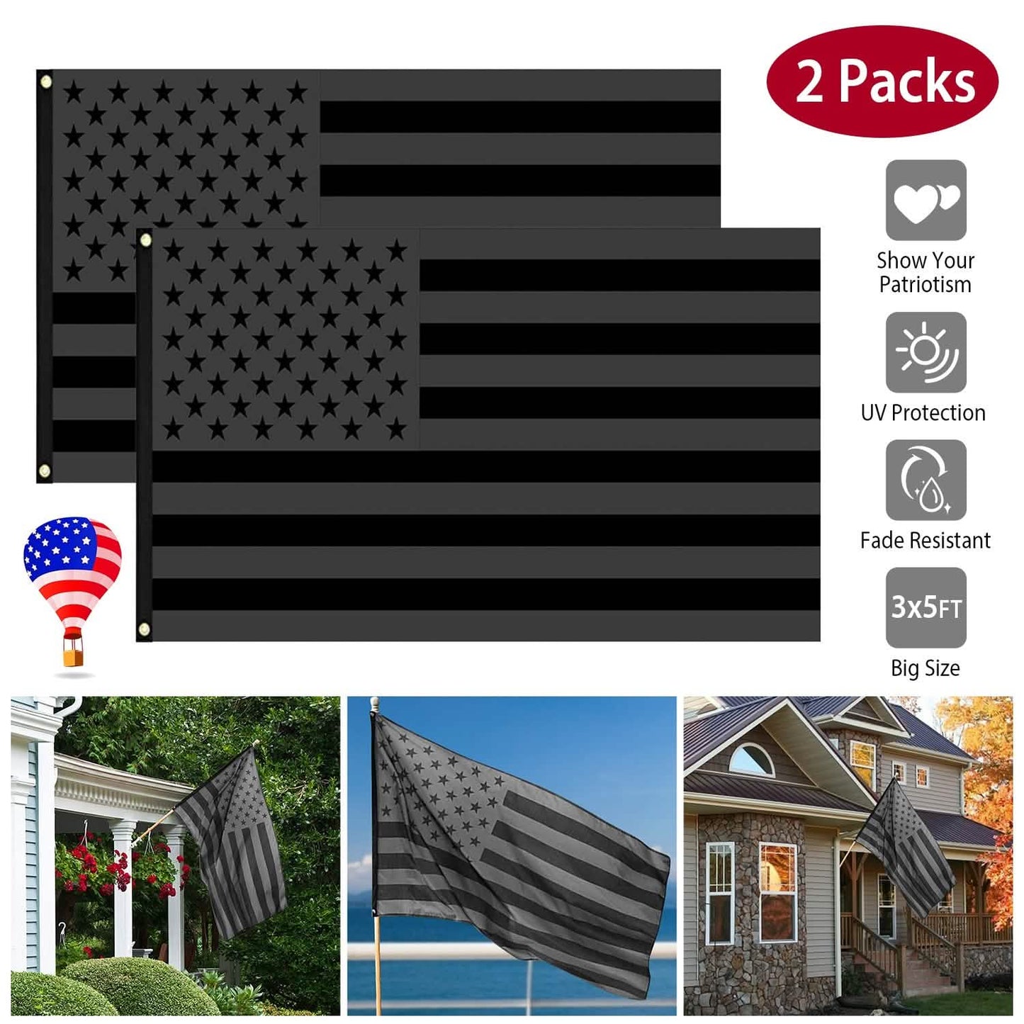 2-Pack: 3X5 Ft. All Black American Flag DailySale