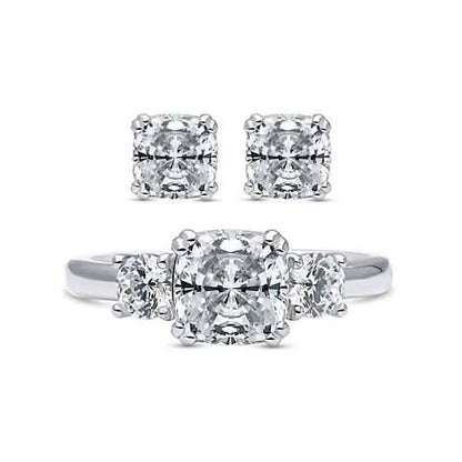2-Pack: Cushion Cut Studs and Cushion Cut Ring with Side Stones DailySale
